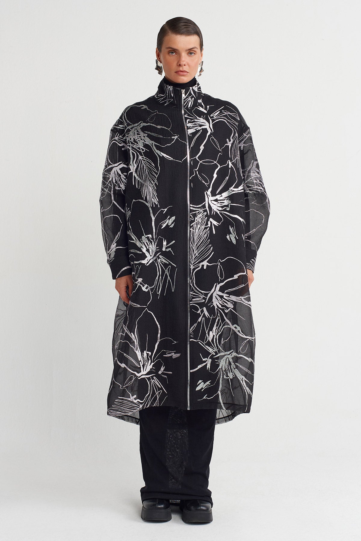 Black Metallic Printed Organza Long Jacket-K255015005