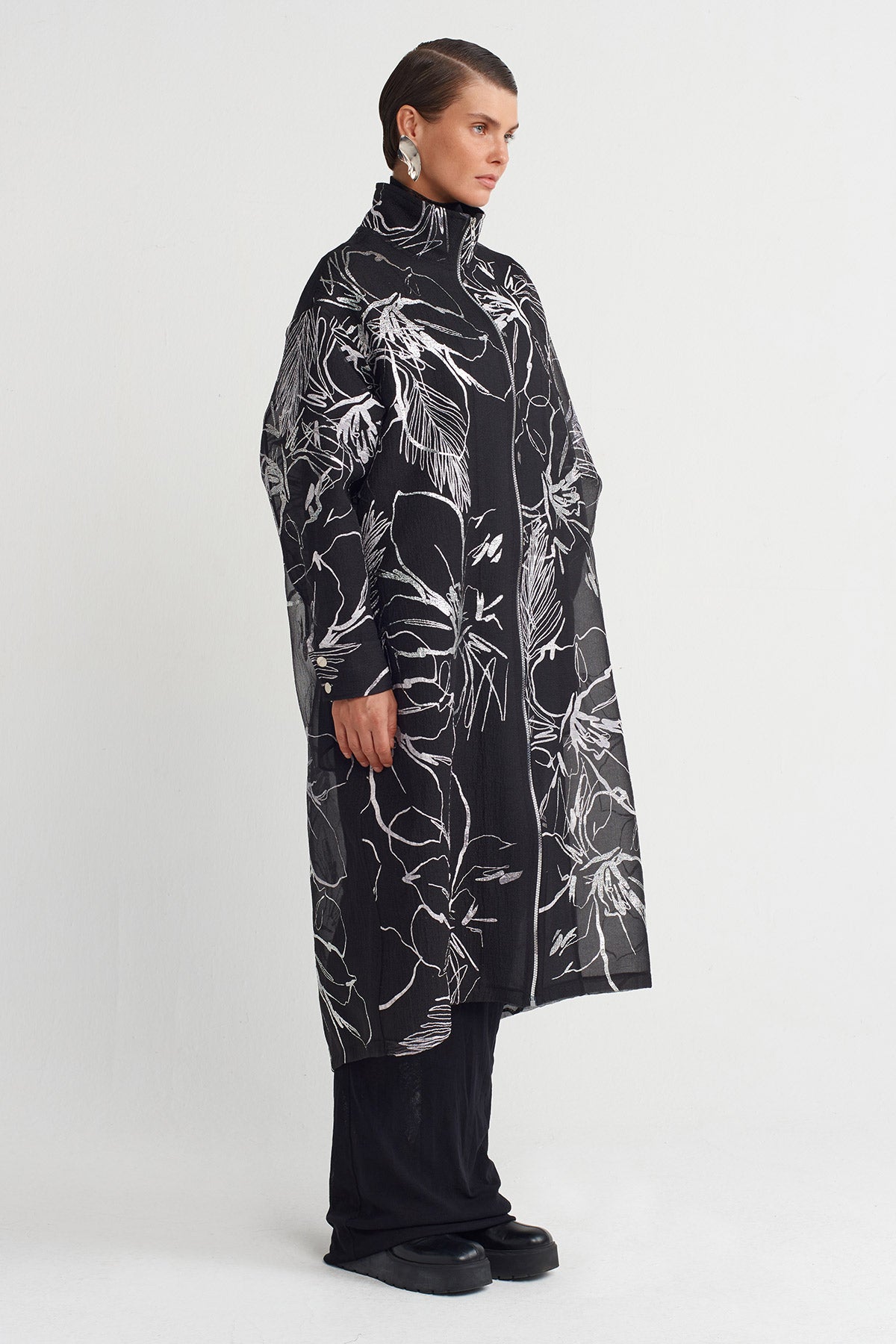 Black Metallic Printed Organza Long Jacket-K255015005