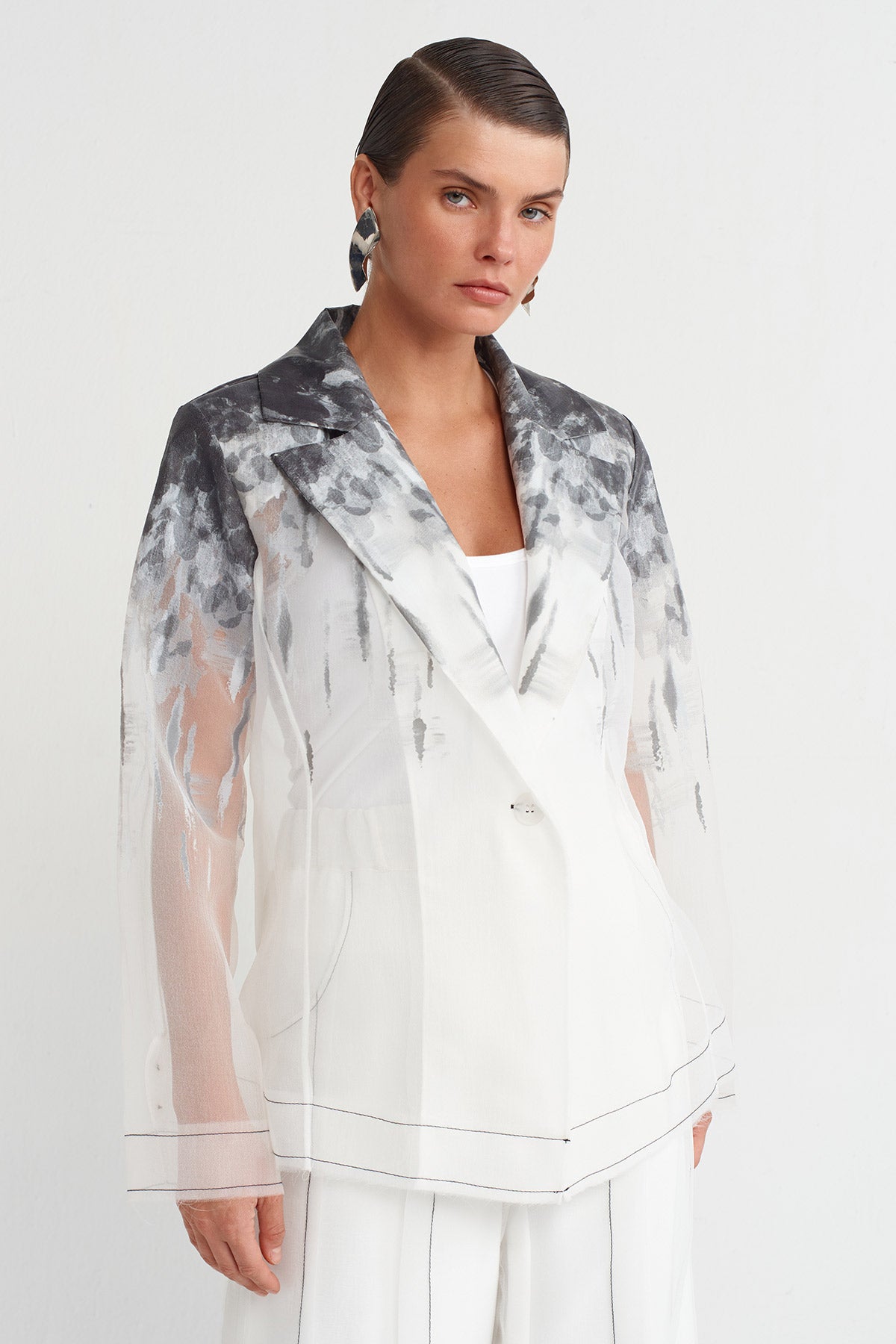 Kırık Beyaz Baskılı Organze Blazer Ceket-K255015010