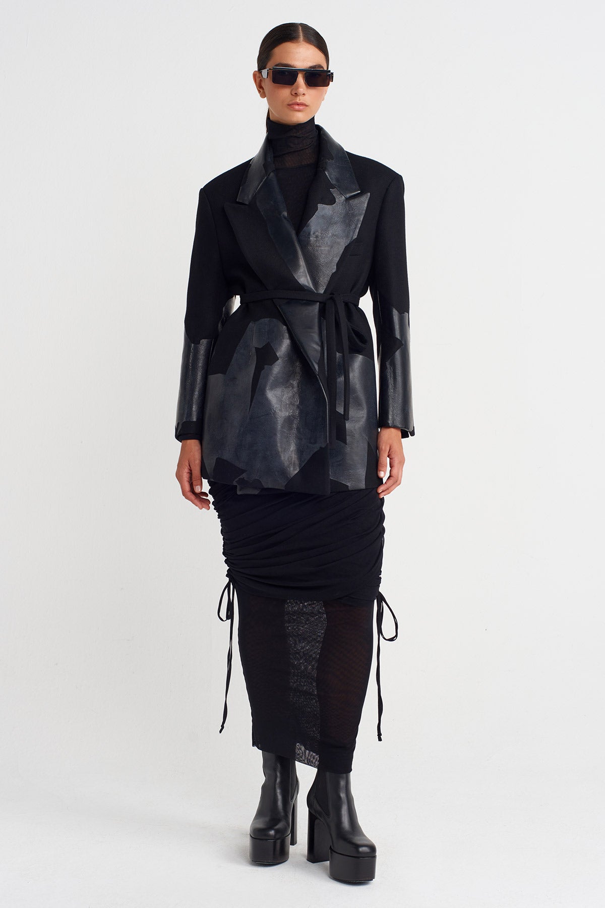 Siyah Baskılı, Belden Bağlanır Blazer Ceket-K255015056
