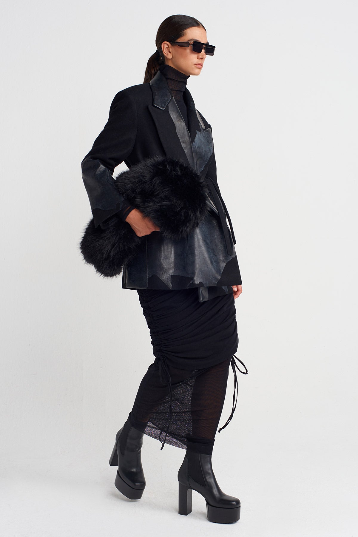 Siyah Baskılı, Belden Bağlanır Blazer Ceket-K255015056