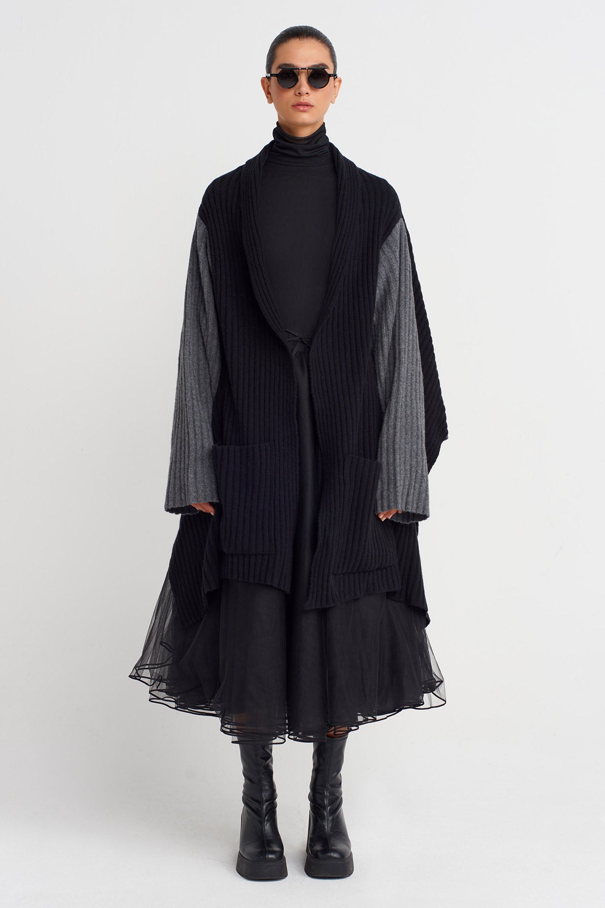 Gri Melanj/Siyah İki Renk Oversize Triko Hırka-K255015069