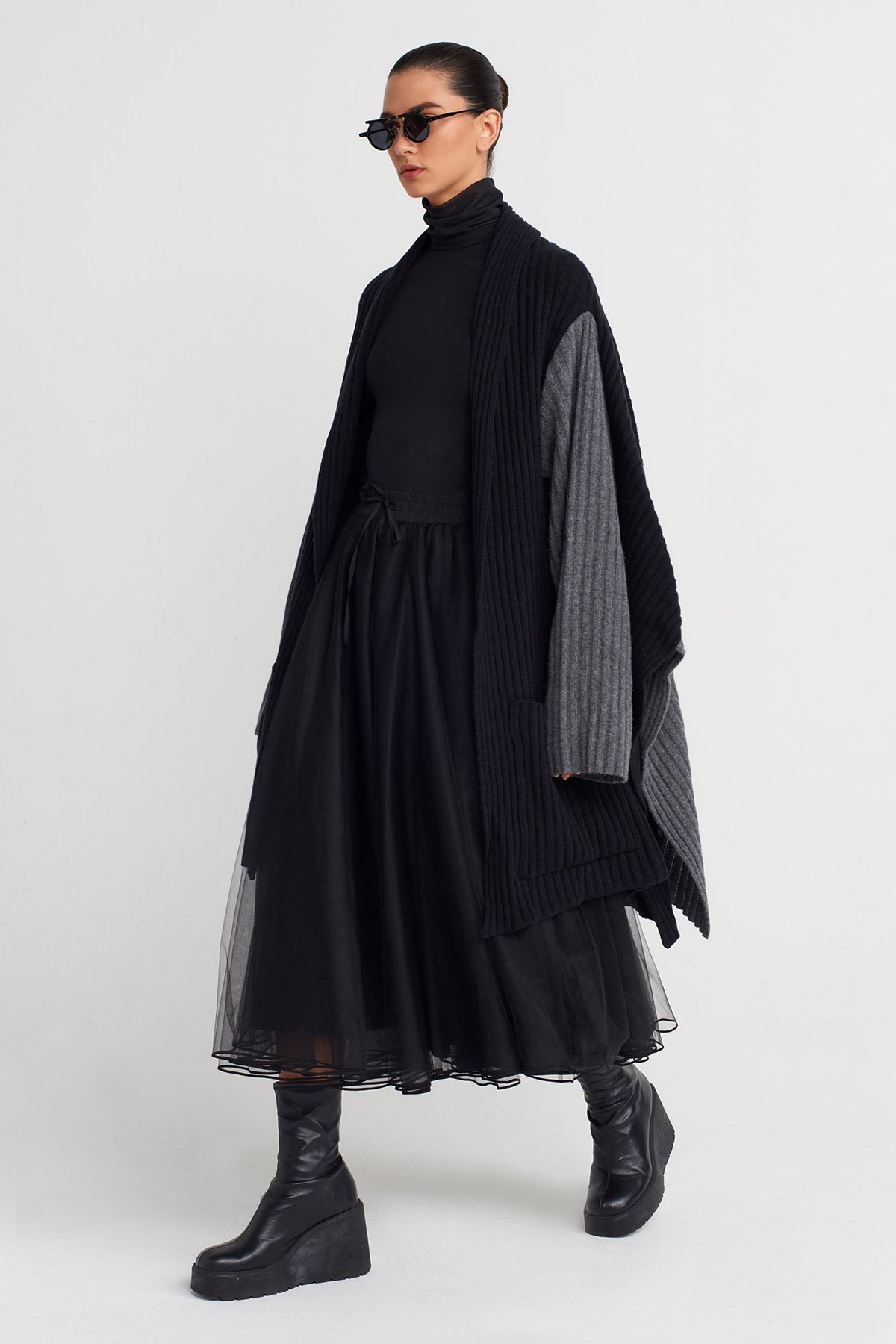 Gri Melanj/Siyah İki Renk Oversize Triko Hırka-K255015069