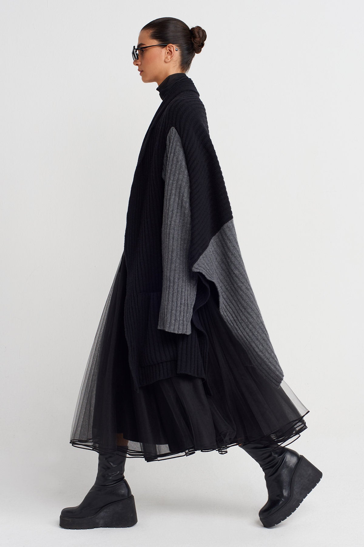 Gri Melanj/Siyah İki Renk Oversize Triko Hırka-K255015069