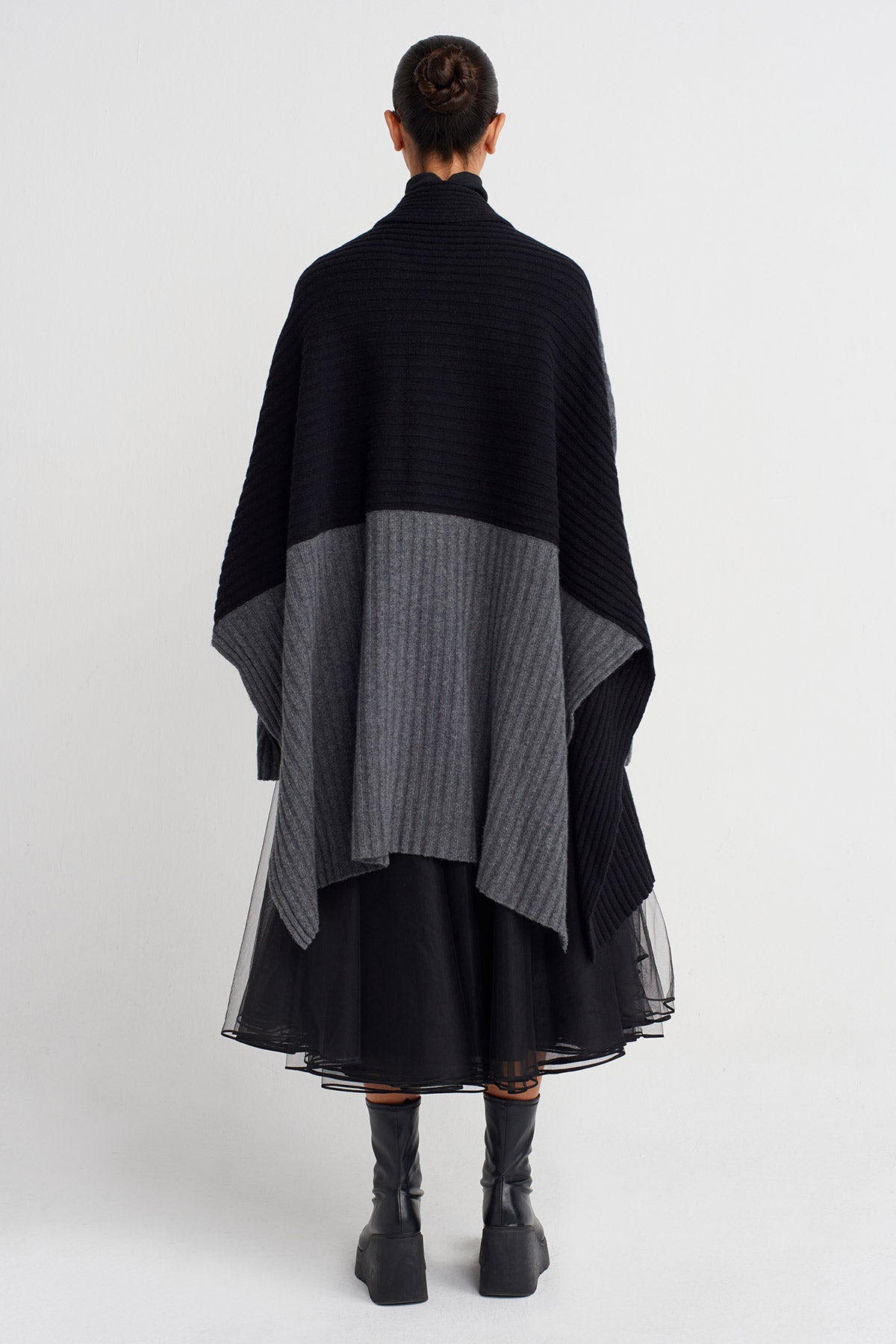 Gri Melanj/Siyah İki Renk Oversize Triko Hırka-K255015069