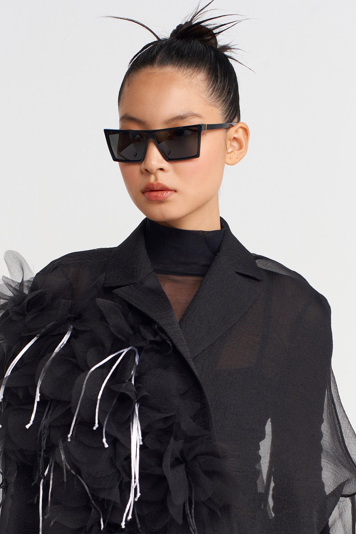 Black / Black Floral Applique Organza Short Jacket-K255015070