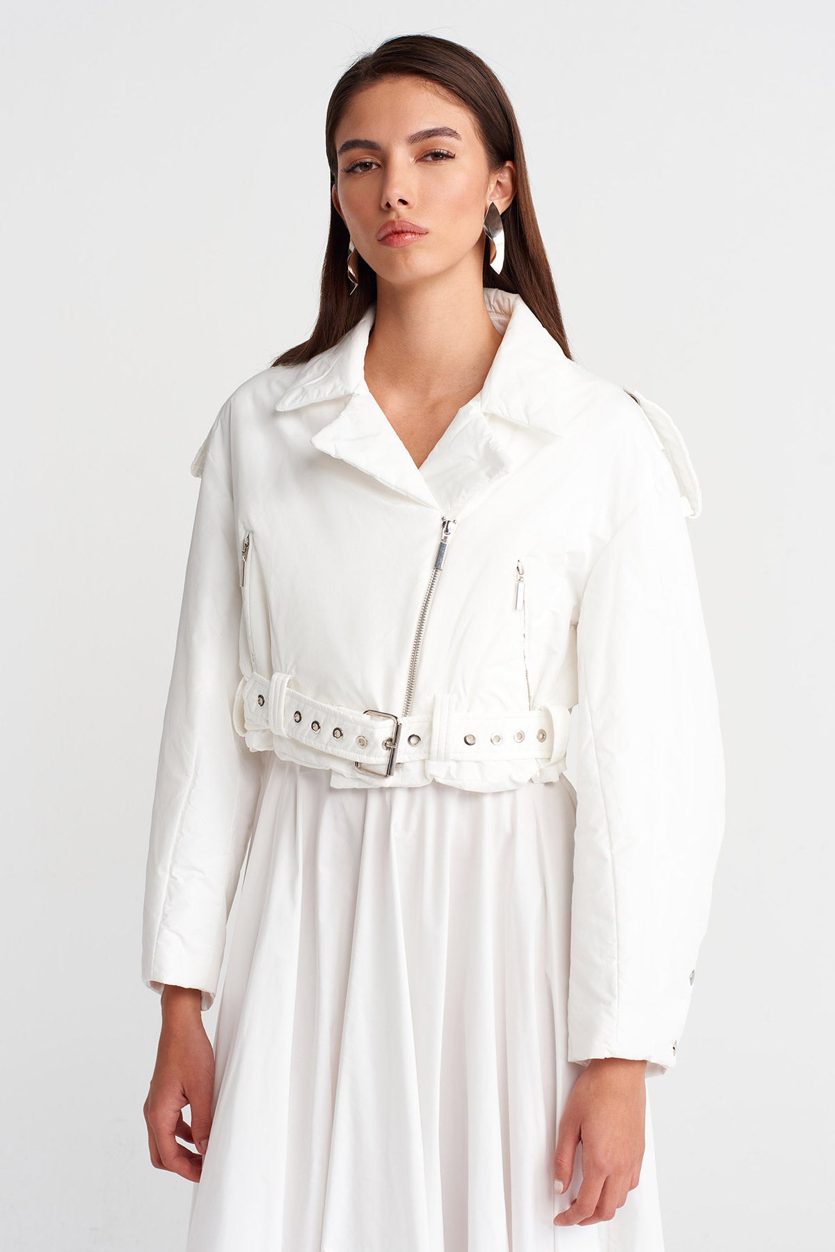 Off White Belted Short Puffer Biker Jacket-K255015097