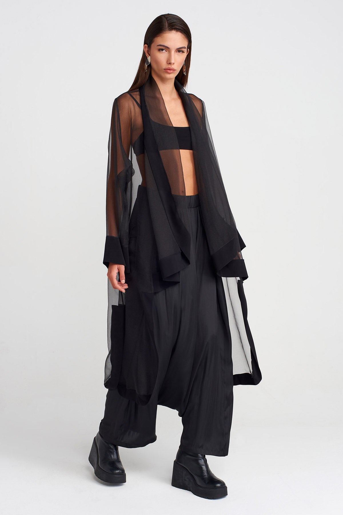 Black Long Cape-Formed Organza Jacket-K255015110