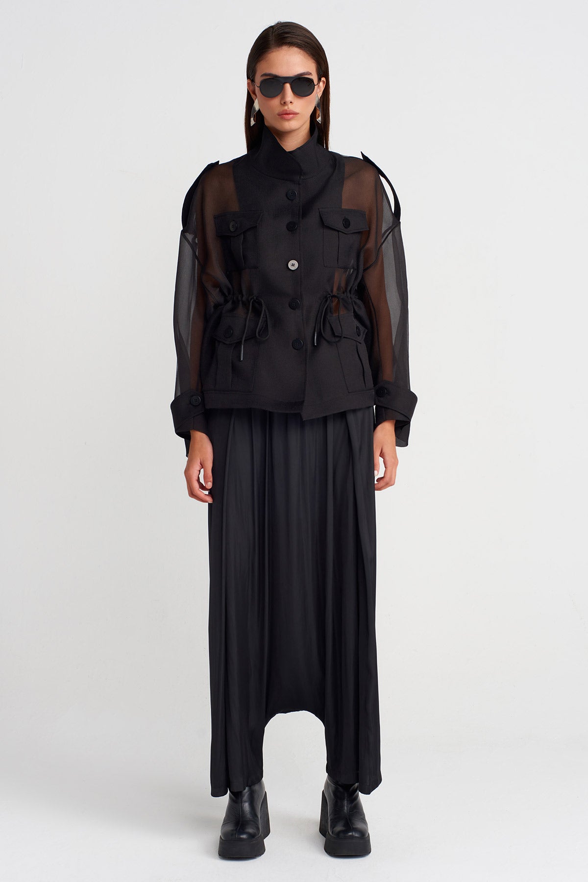 Black Organza Jacket with Drawstring Waist-K255015111