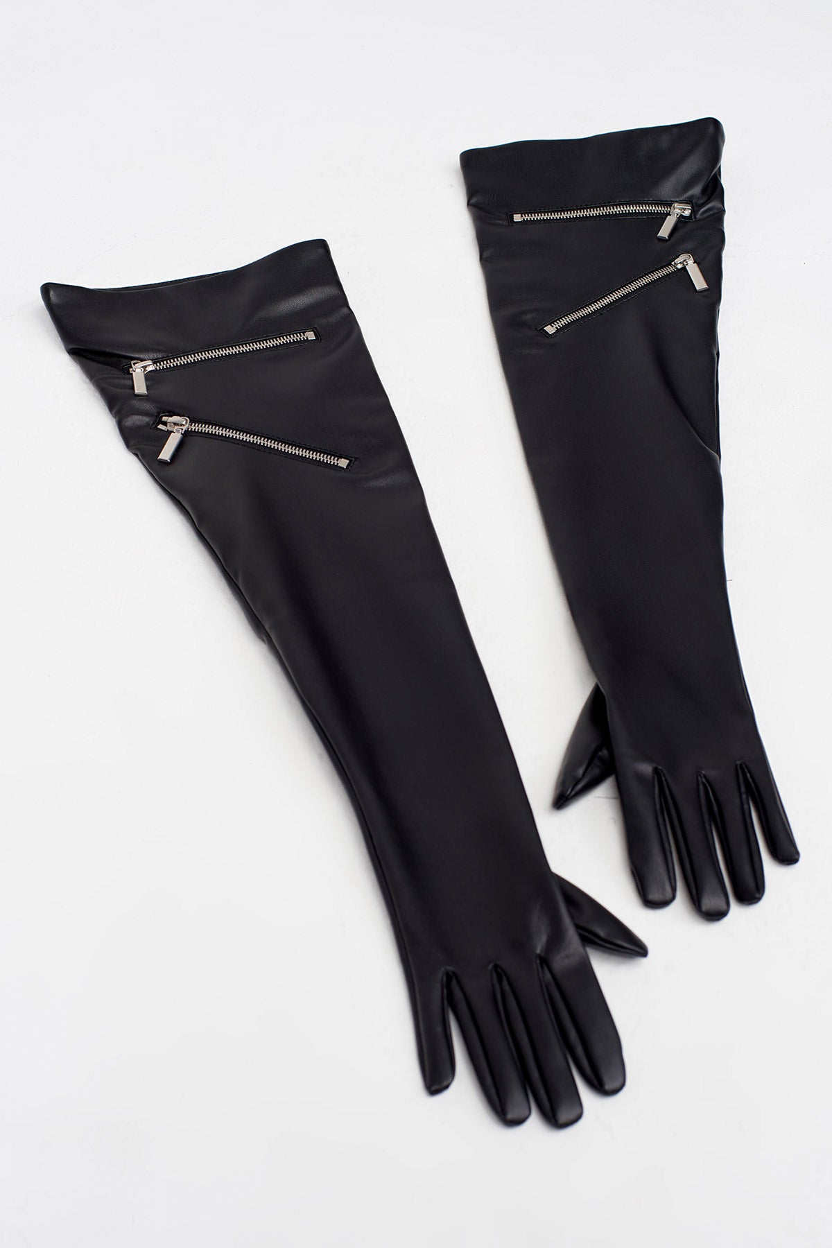 Black Zipper Detailed Leather Gloves-K256016009