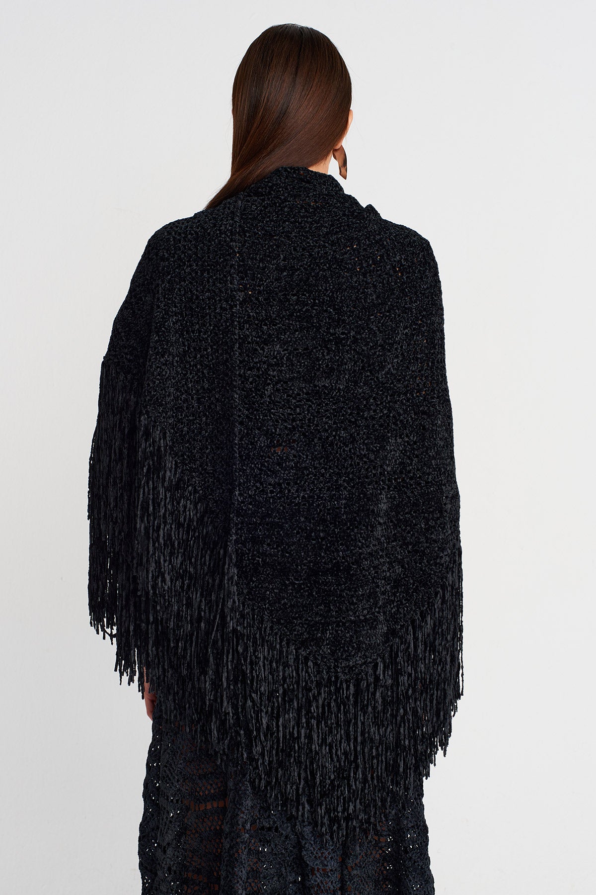 Black Tassel Detailed Knit Shawl-K256016012