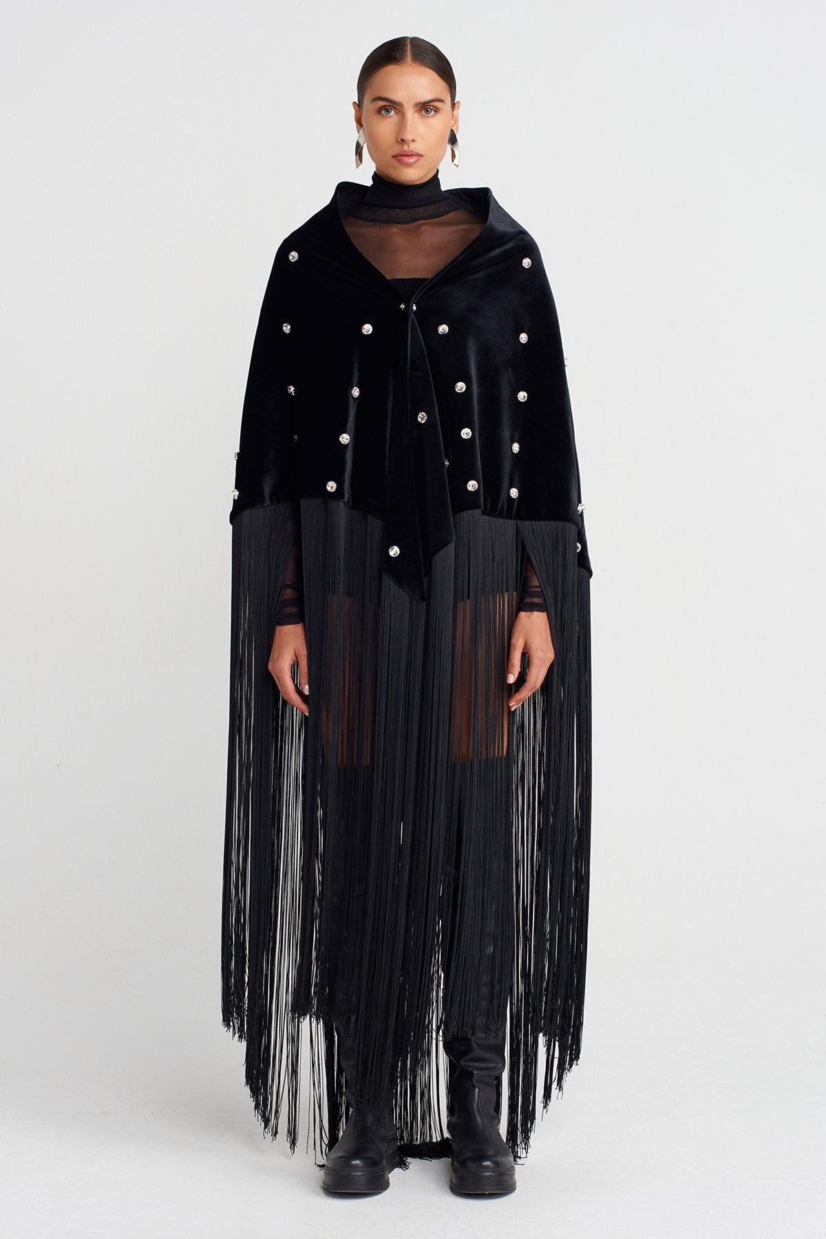 Black Stone Embroidered Tasseled Velvet Shawl-K256016013