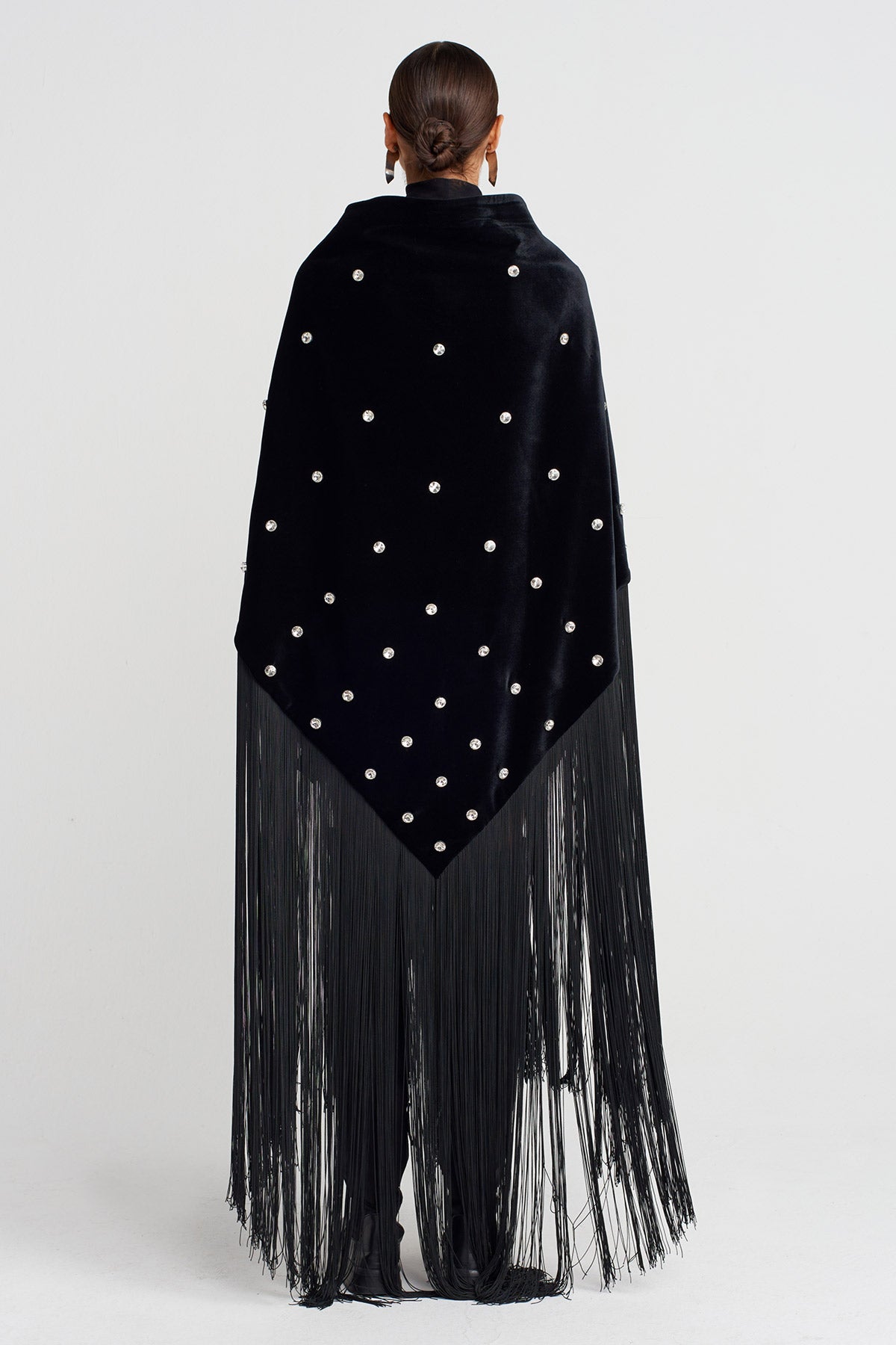 Black Stone Embroidered Tasseled Velvet Shawl-K256016013