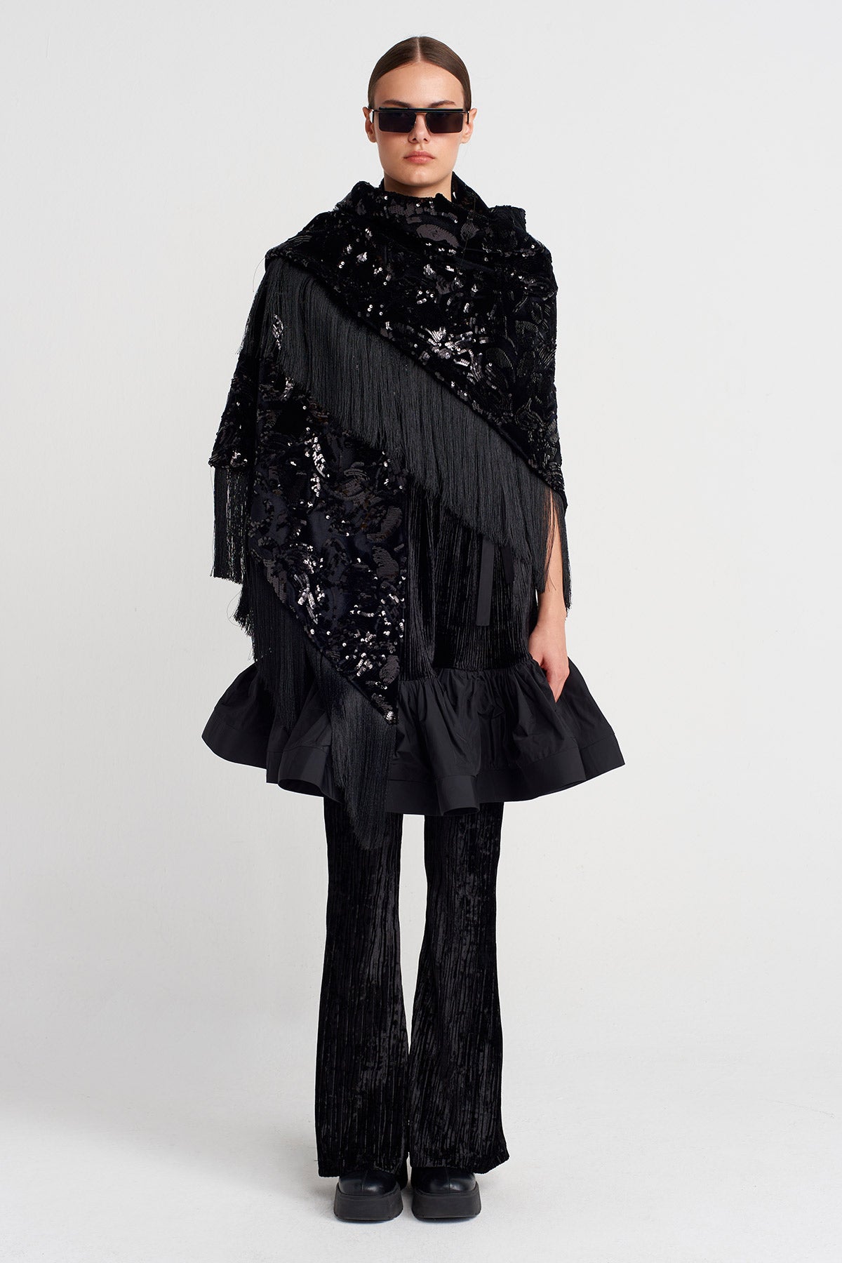 Black Tasseled Sequin Embroidered Shawl-K256016017