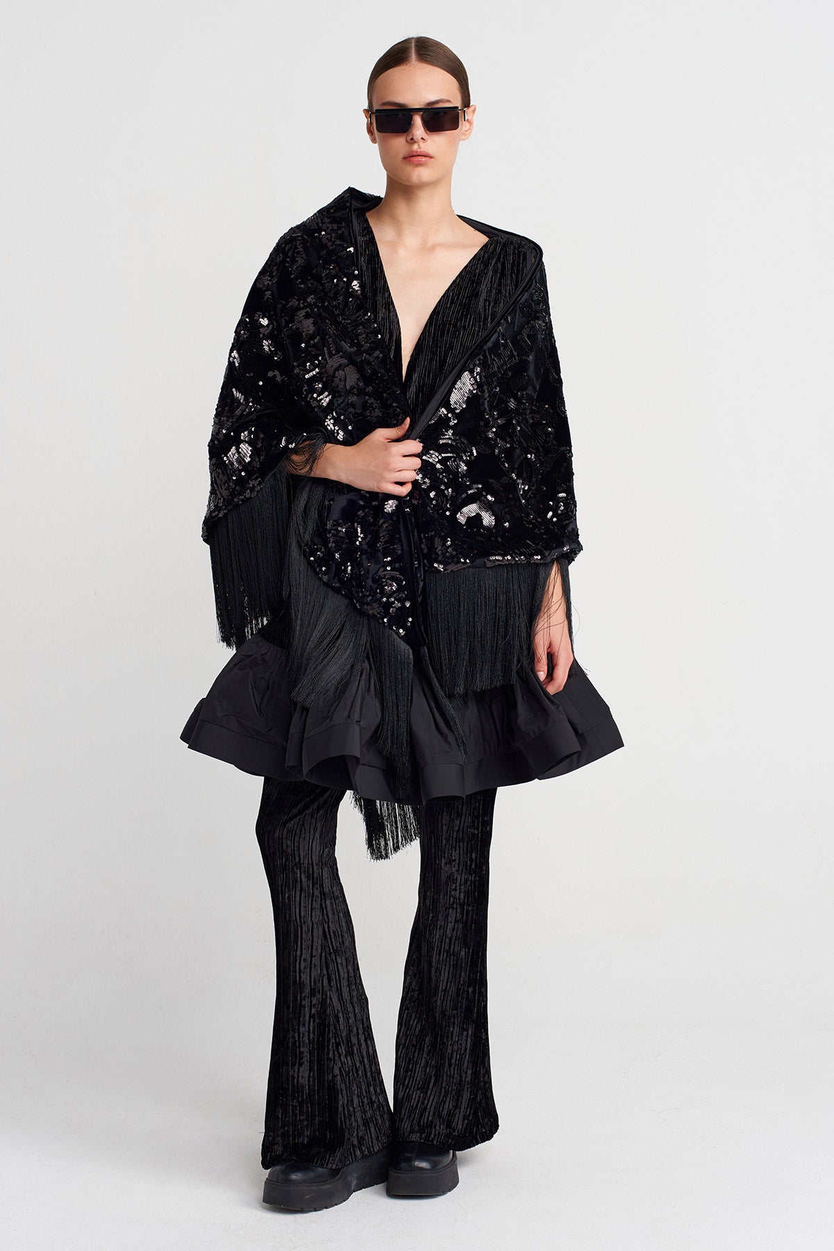 Black Tasseled Sequin Embroidered Shawl-K256016017