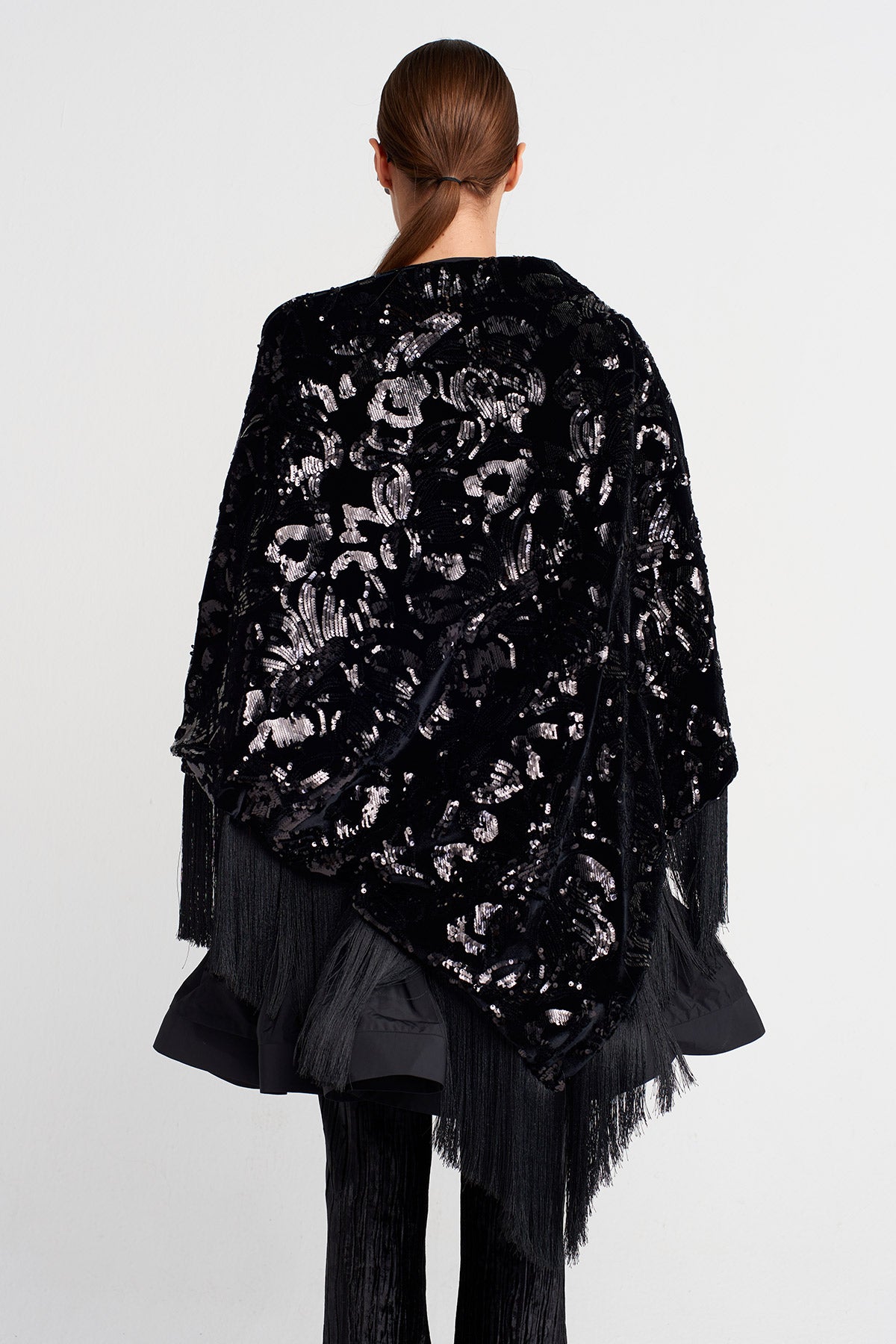 Black Tasseled Sequin Embroidered Shawl-K256016017