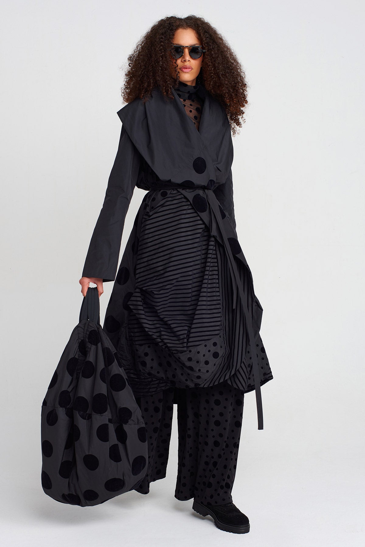 Multicolor Striped and Polka Dot Taffeta Draped Coat-K257017004