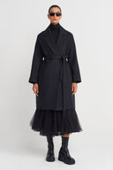 Black/White Waist-Tied Long Coat-K257017010