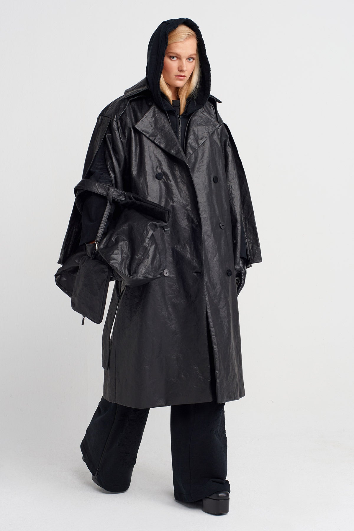 Black Oversize Leather Trench Coat-K257017013