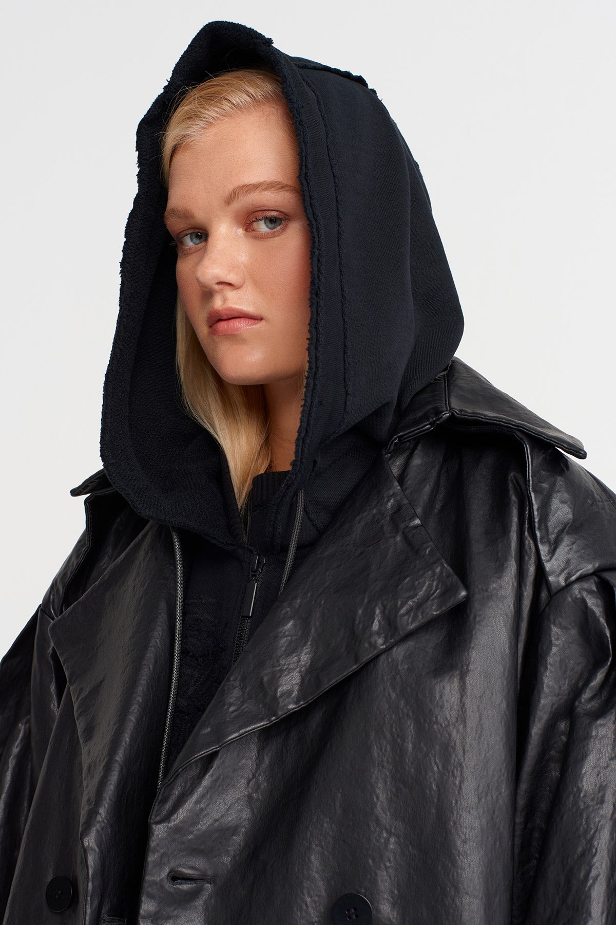 Black Oversize Leather Trench Coat-K257017013