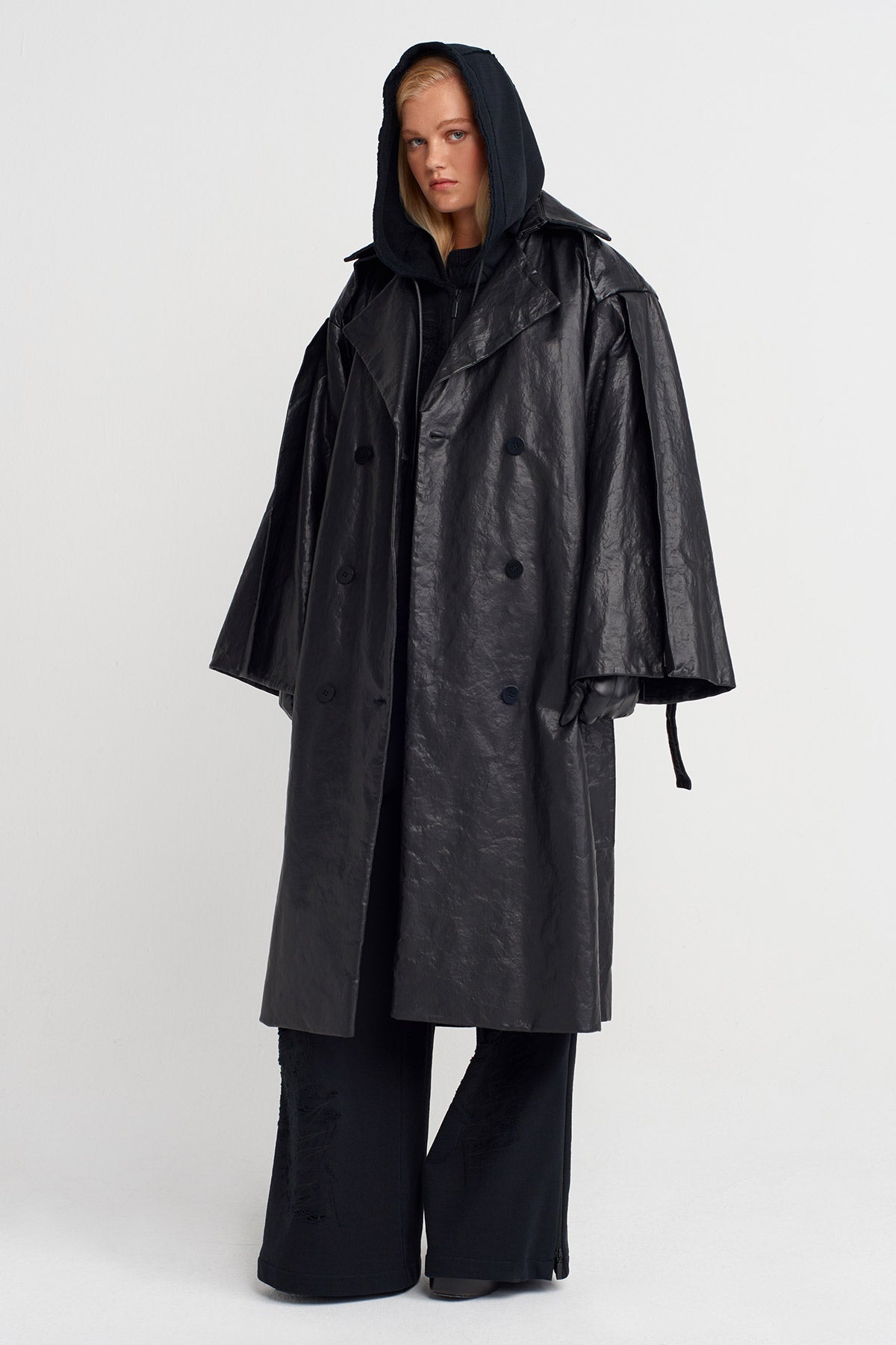 Black Oversize Leather Trench Coat-K257017013