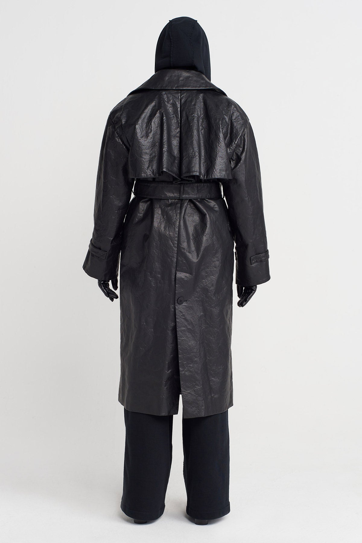 Black Oversize Leather Trench Coat-K257017013