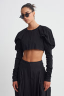 Siyah Hacimli Omuz Detaylı Crop Bluz-K261011037