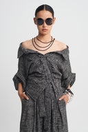 Black/White Wool Draped Crop Shirt-K261011105