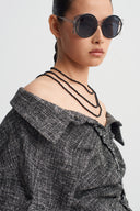 Black/White Wool Draped Crop Shirt-K261011105