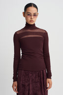 Bordo Dik Yaka Tül Detaylı Body-K261011117