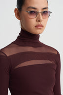Bordo Dik Yaka Tül Detaylı Body-K261011117