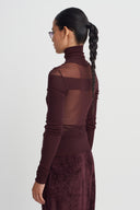 Bordo Dik Yaka Tül Detaylı Body-K261011117