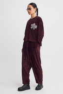 Bordo Broş Detaylı Kadife T-Shirt-K261011118