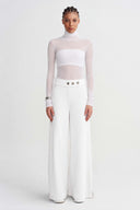 Wide Leg Trousers with Off-White Metal Button Detail -K263013008