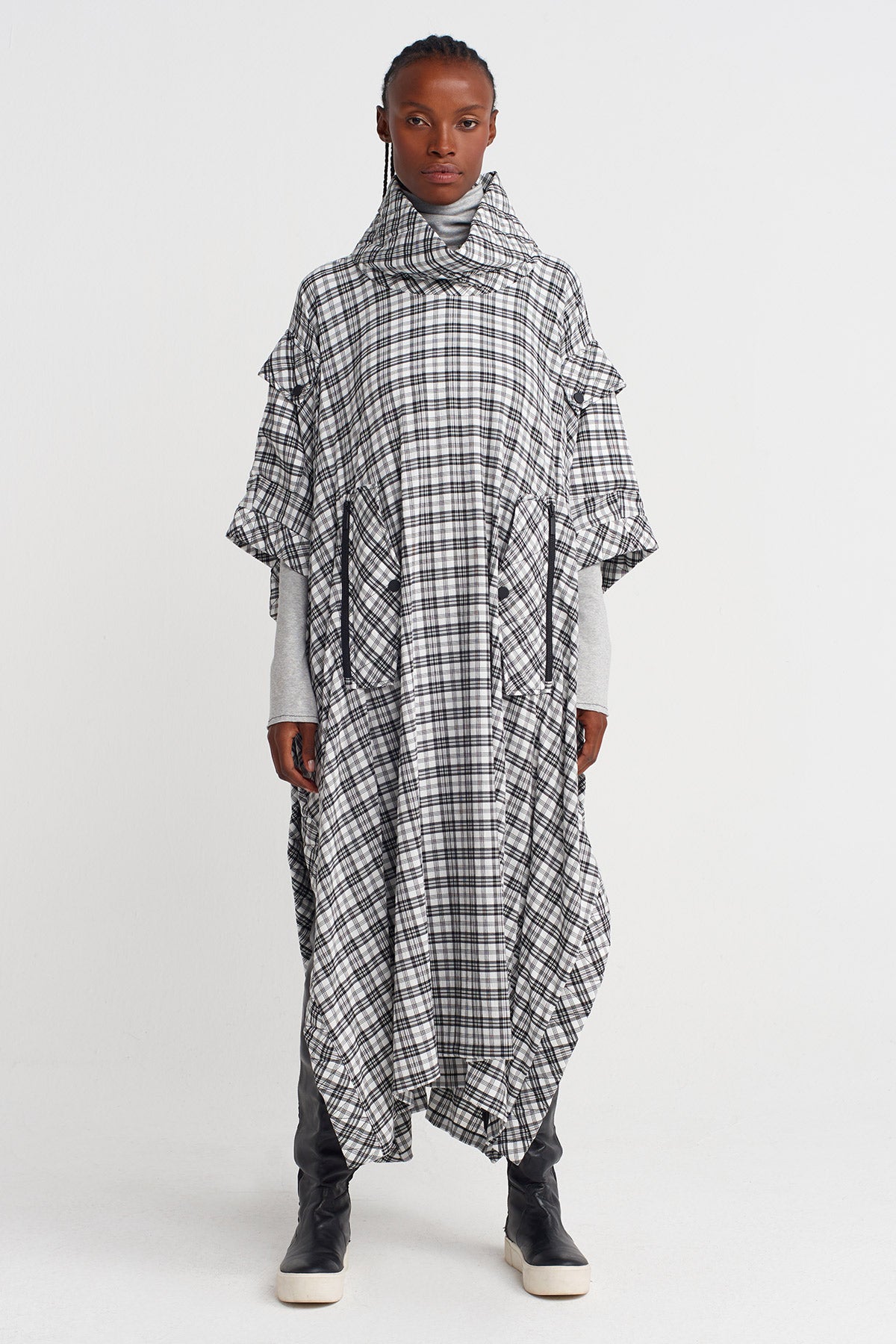 Siyah/Beyaz Ekose, Büyük Cep Detaylı Kaftan Elbise-K254014048