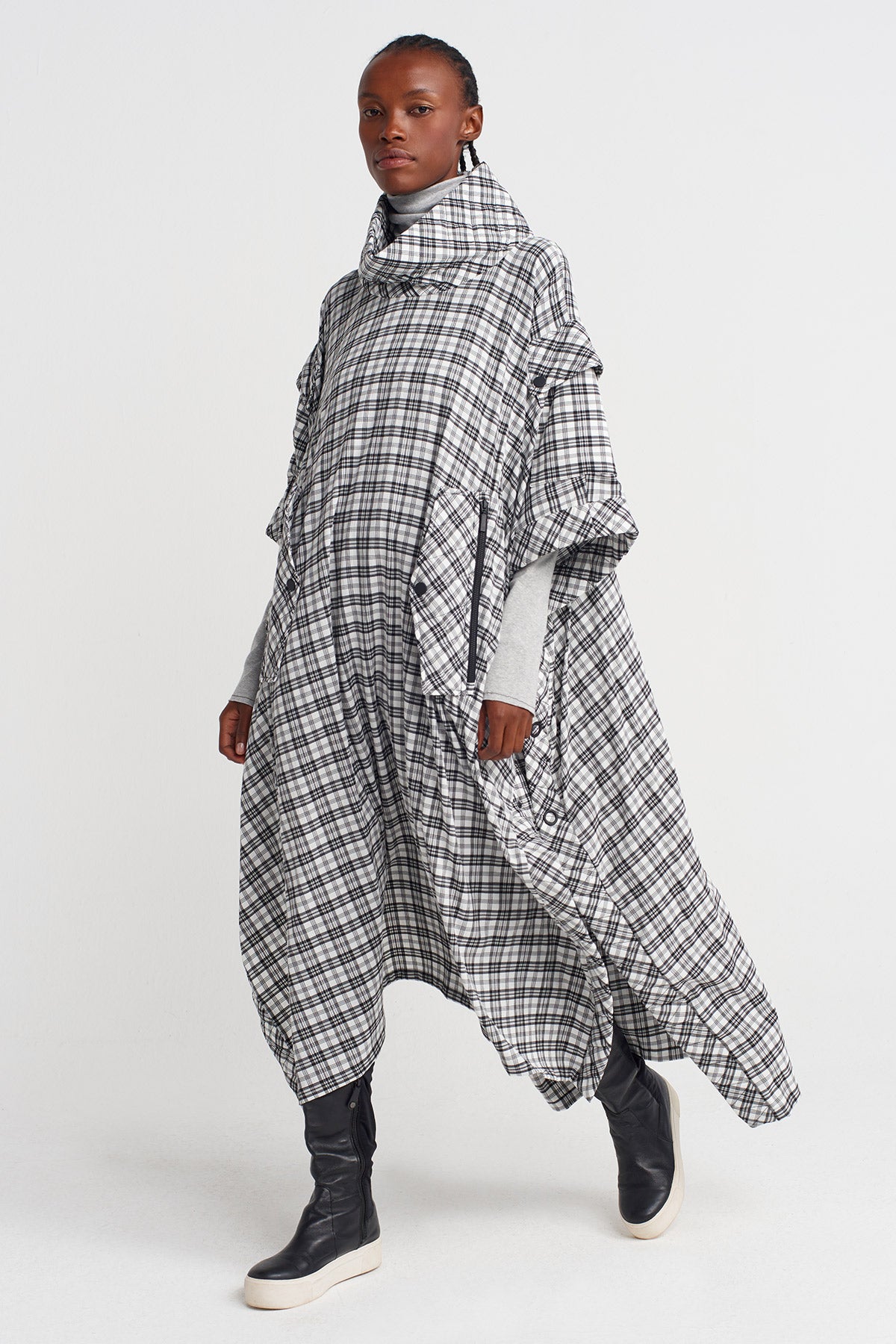 Siyah/Beyaz Ekose, Büyük Cep Detaylı Kaftan Elbise-K254014048