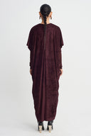 Bordo Tül Kollu Kadife Elbise-K264014065