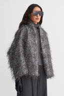 Koyu Gri Melanj Dokulu Oversize Şal Yaka Ceket-K265015002