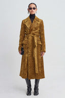 Ochre Kemerli Fitilli Kadife Palto-K267017018