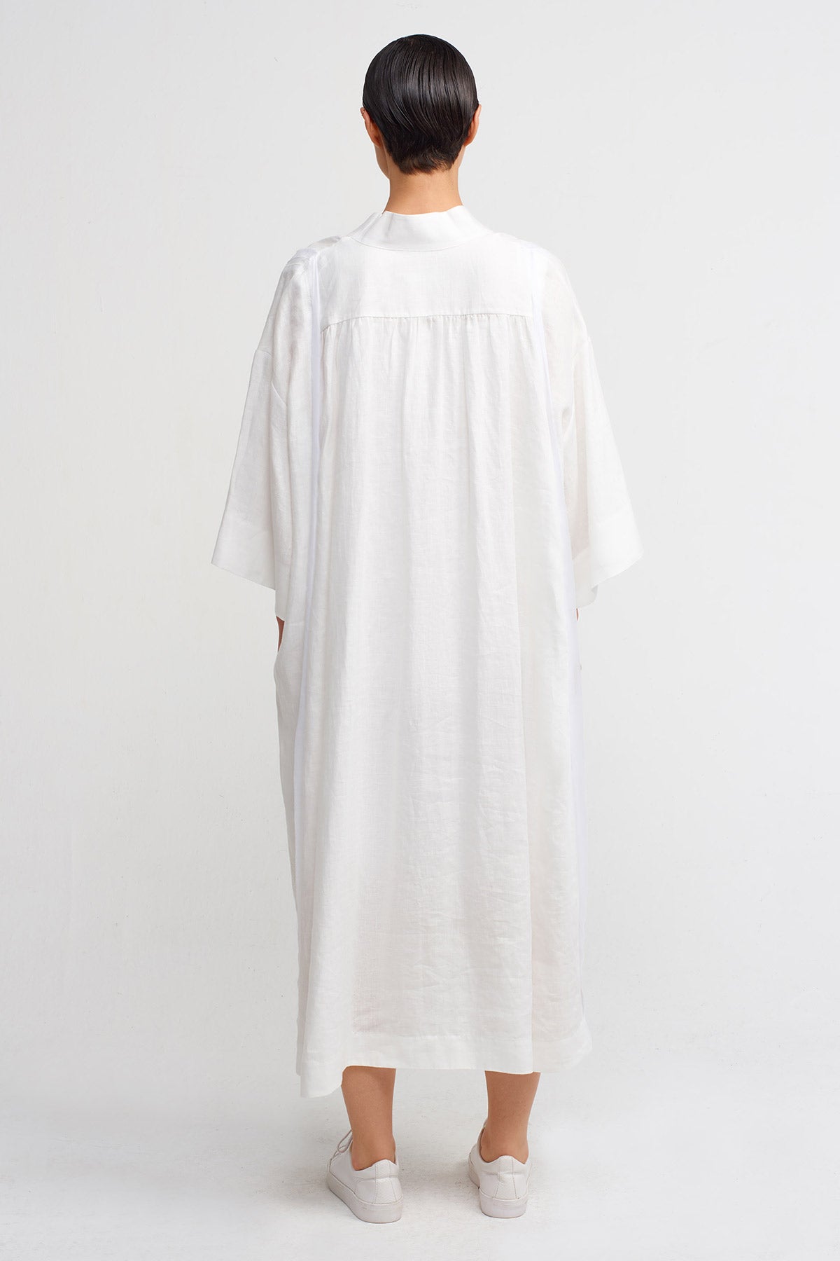 Kırık Beyaz V Yaka Midi Keten Elbise-Y244014023