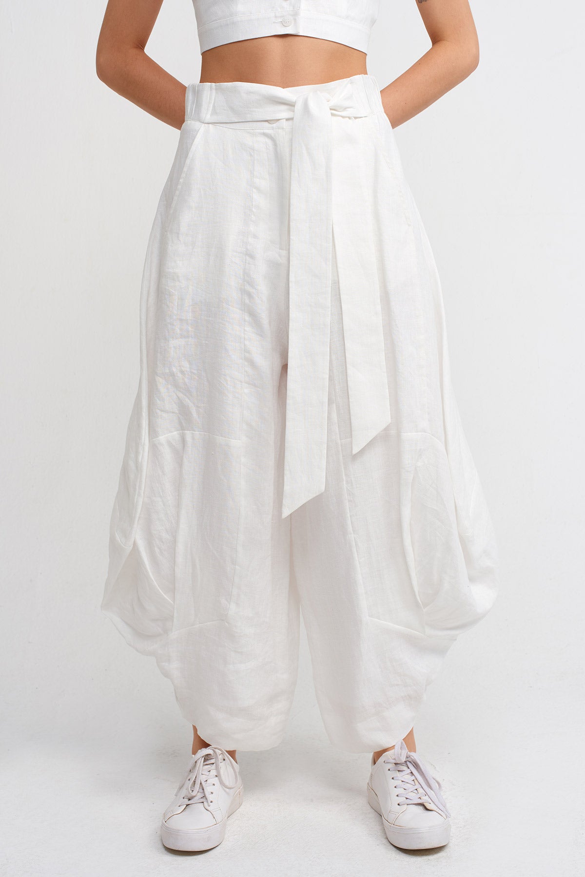 Kırık Beyaz Yüksek Bel Drapeli Keten Pantolon-Y243013011