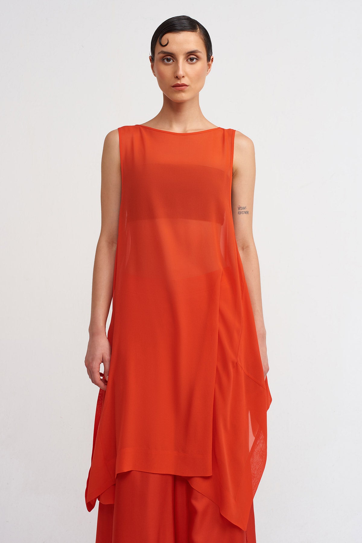 Kırmızı Şifon Asimetrik Tunik Elbise-Y244014012