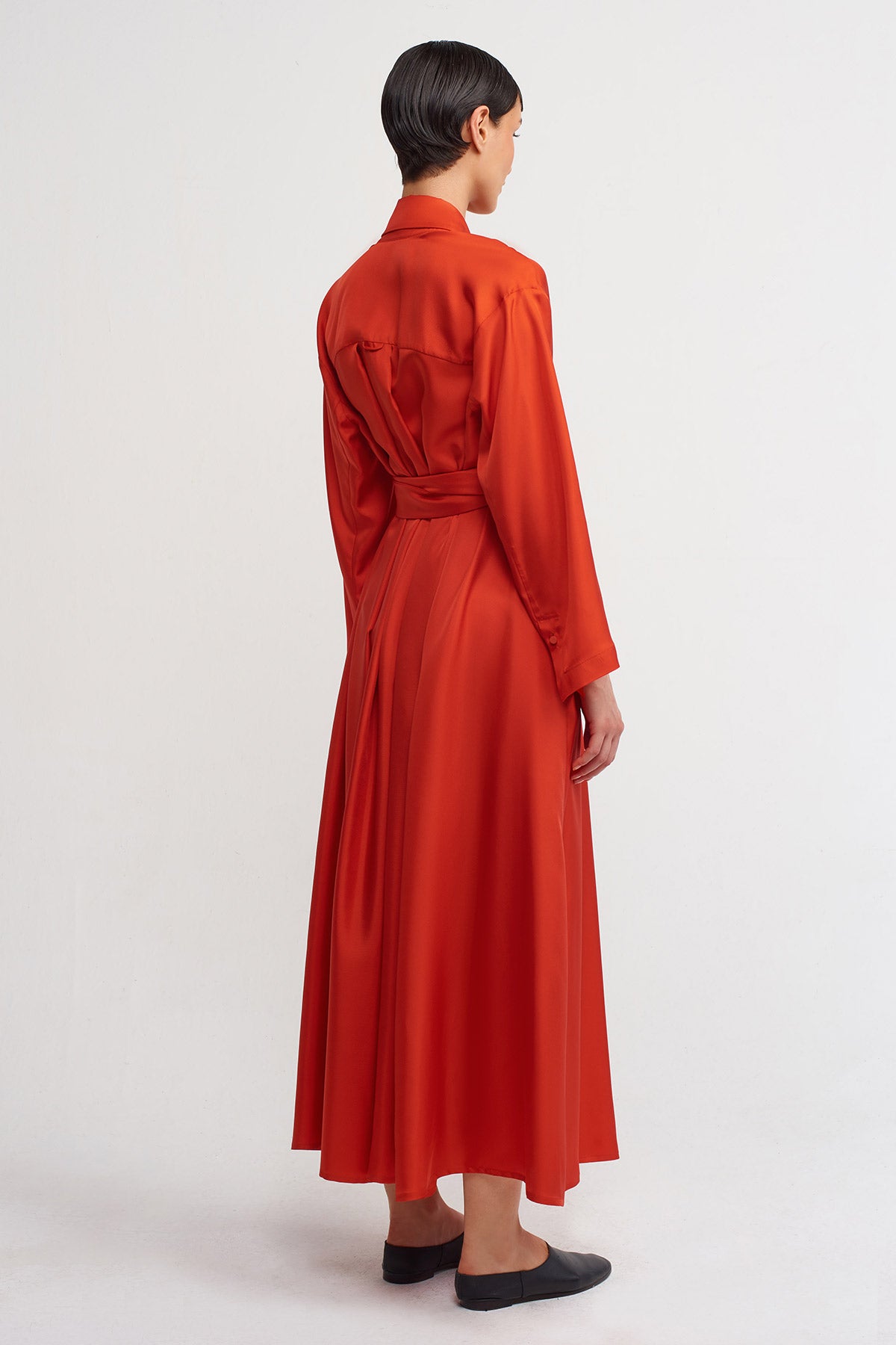 Kırmızı Çapraz Bağlama Detaylı Uzun Elbise-Y244014013