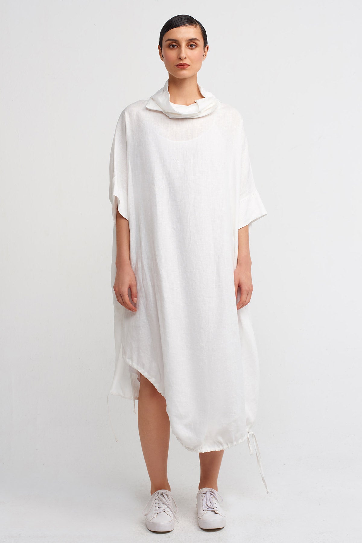 Kırık Beyaz Etekleri Büzülebilir Midi Keten Elbise-Y244014021