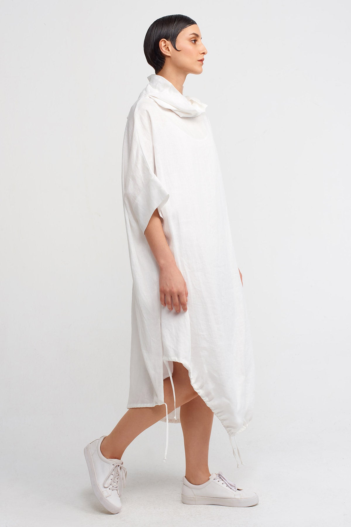Kırık Beyaz Etekleri Büzülebilir Midi Keten Elbise-Y244014021
