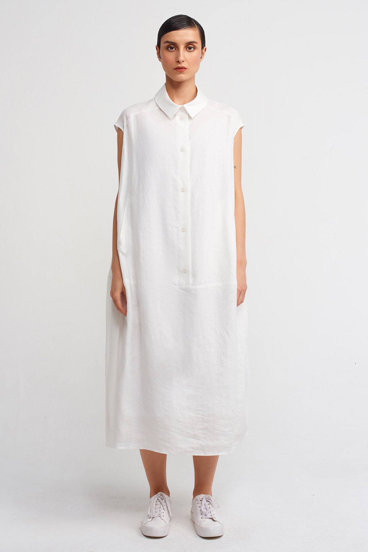 Kırık Beyaz Gömlek Yakalı Midi Elbise-Y244014022