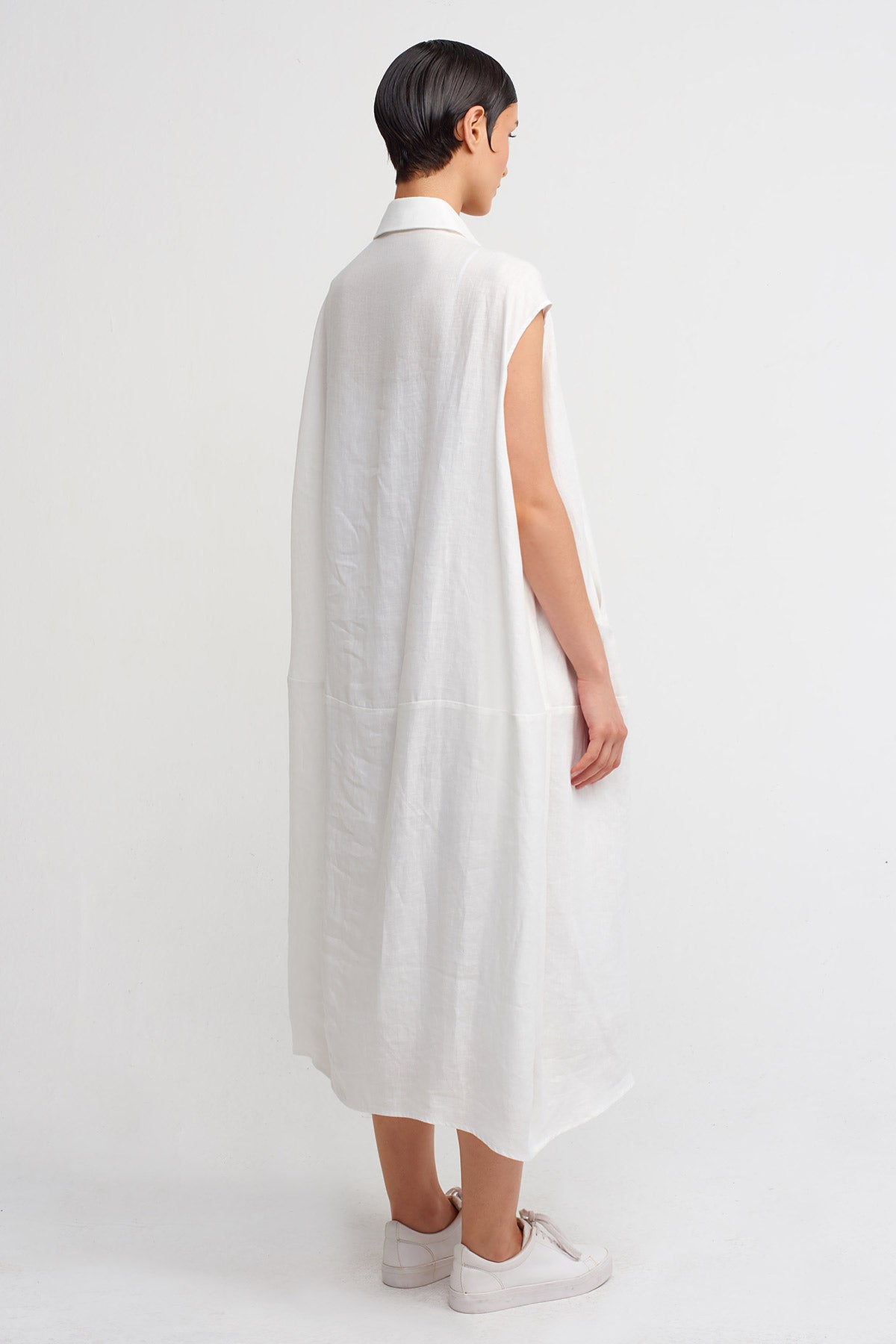 Kırık Beyaz Gömlek Yakalı Midi Elbise-Y244014022