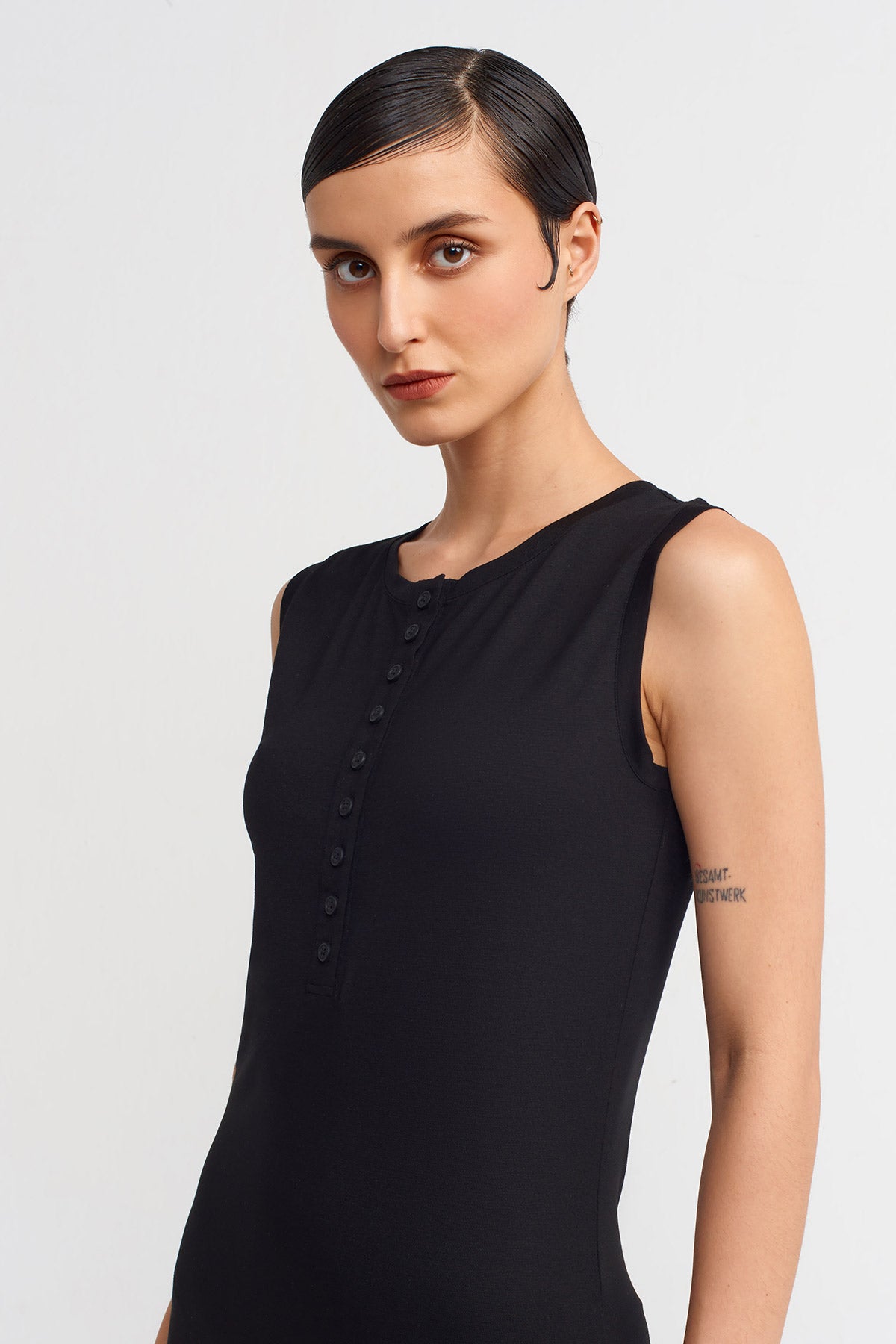 Black Side Slit, Sleeveless Tight Dress-Y244014026