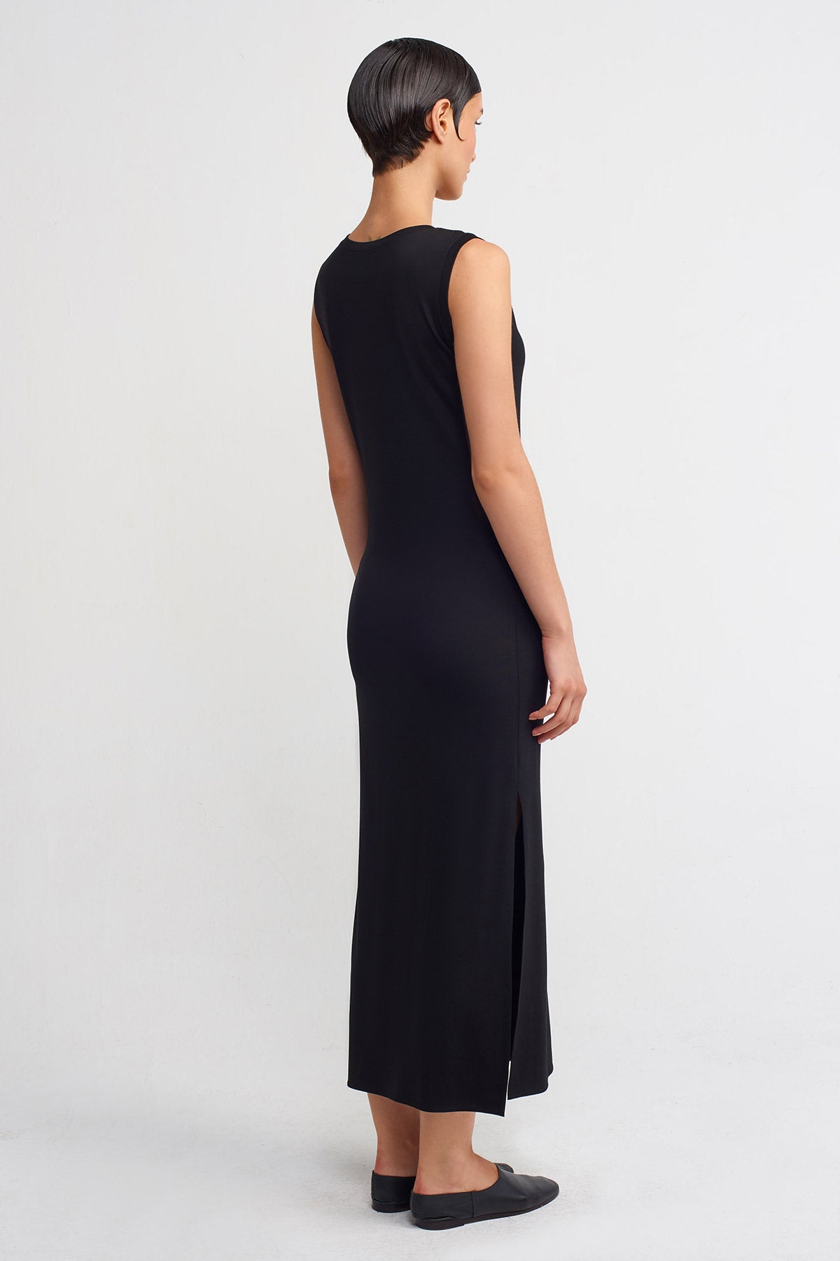 Black Side Slit, Sleeveless Tight Dress-Y244014026