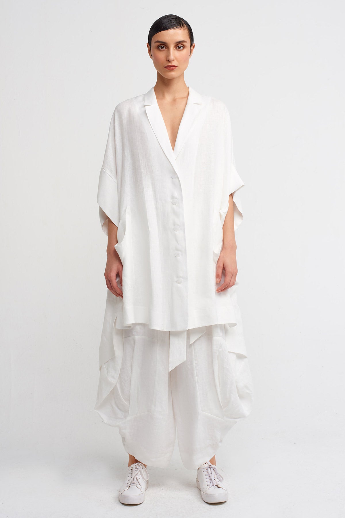 Kırık Beyaz V Yaka Ceket Elbise-Y244014028